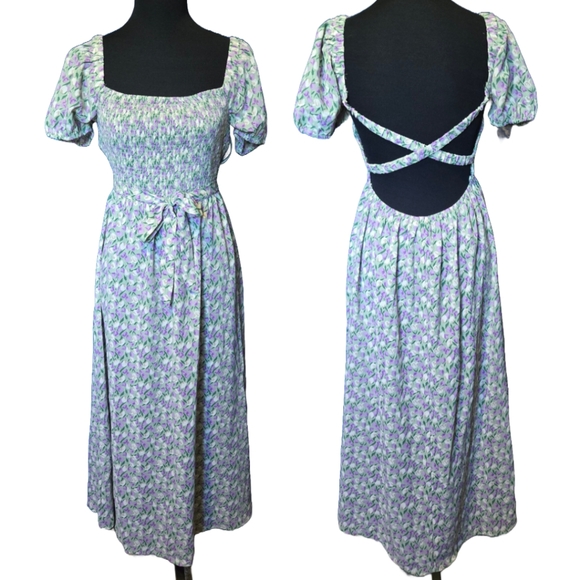 Floral Tulip Smocked Puff Sleeve Prairie Midi Dress Cottagecore - Picture 1 of 9